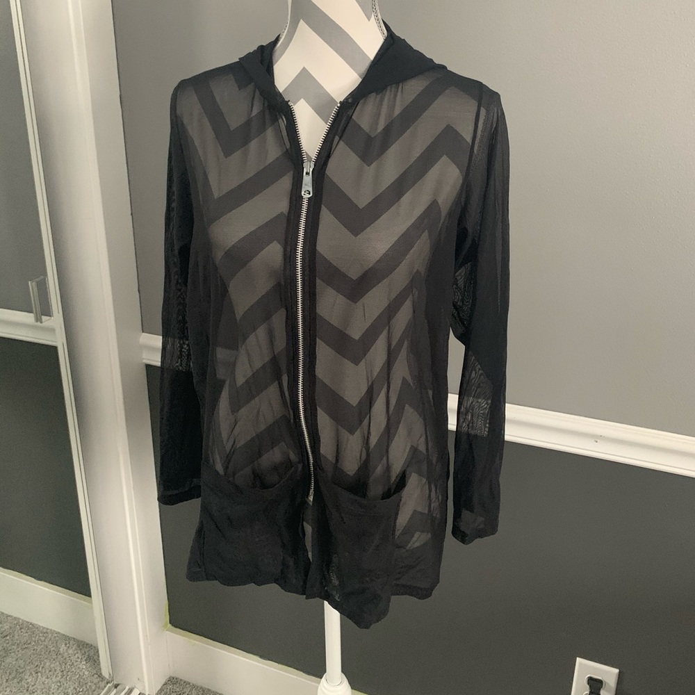 Black Hoodie Mesh Full Zip Long Sleeve Top
